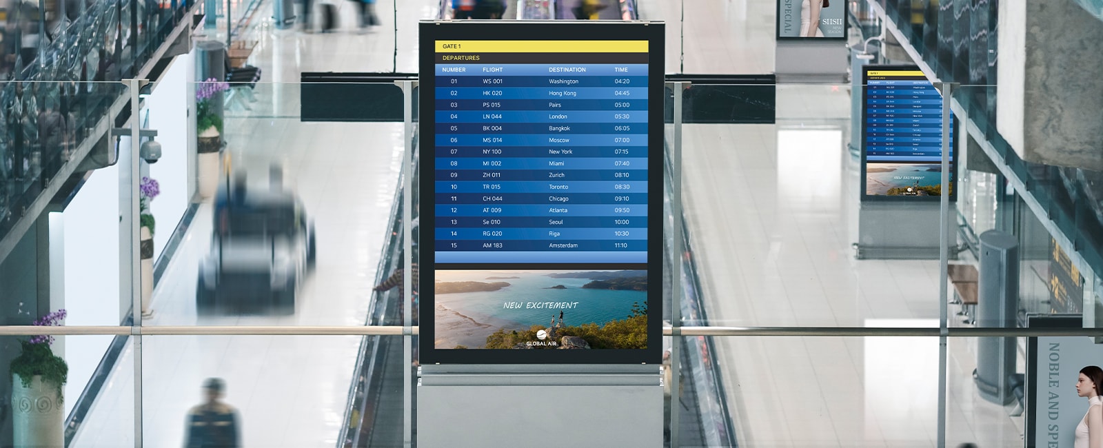 This image captures high brightness displays being used in an airport, operating 24/7.