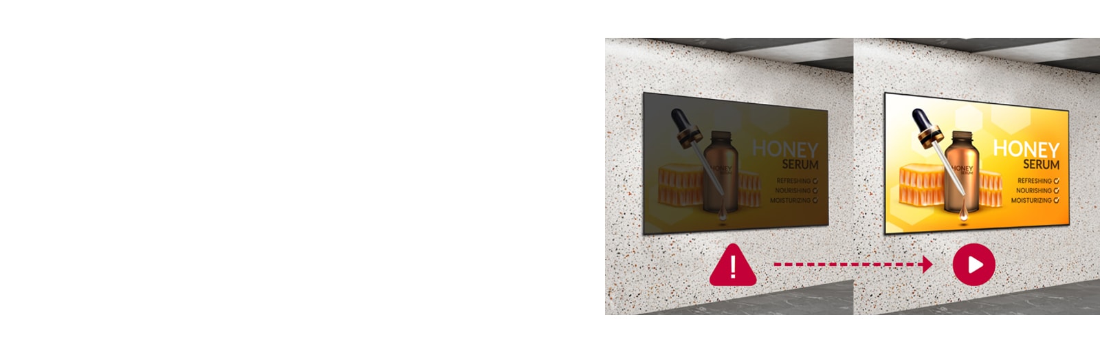 Content has stopped on the left display, whereas the right display continues playing content smoothly.