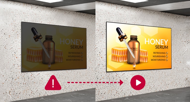Content has stopped on the left display, whereas the right display continues playing content smoothly.