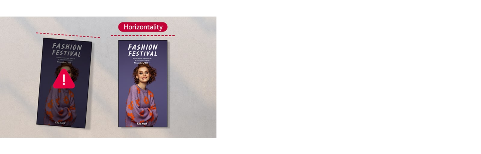 The left side shows a misaligned display installation, while the right side depicts a properly aligned setup.