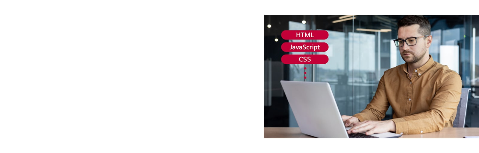 This image depicts a developer using a laptop, with compatible programming languages listed in the upper left corner.