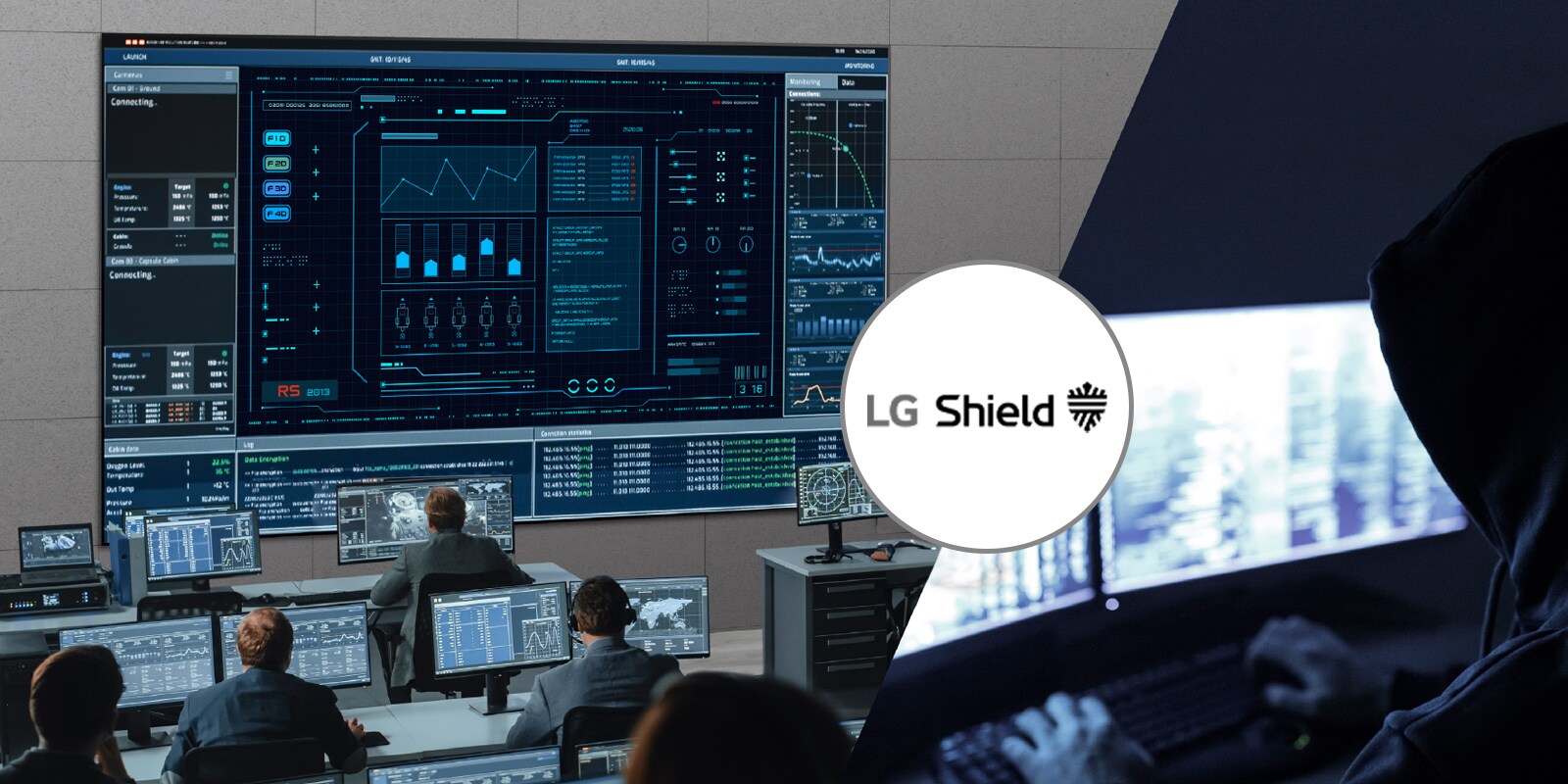 On the left, the image shows people working in a control room, while the right side depicts a hacker attempting a breach. The LG Shield logo between the two images signifies protection against breaches.