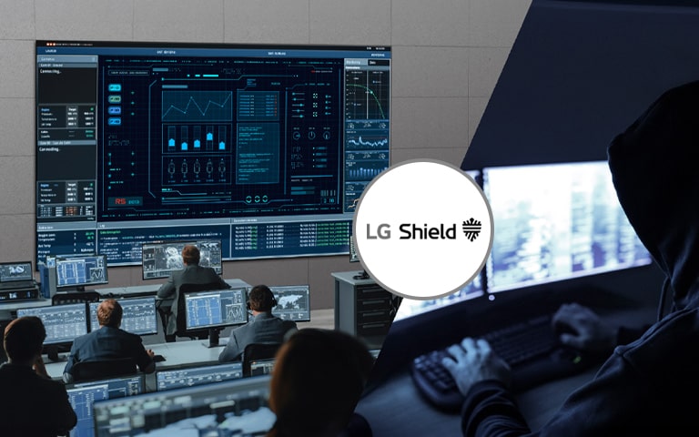 On the left, the image shows people working in a control room, while the right side depicts a hacker attempting a breach. The LG Shield logo between the two images signifies protection against breaches.