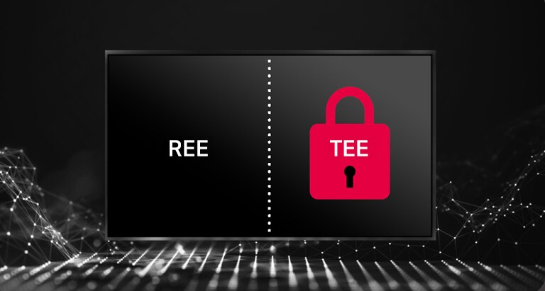 This image depicts the division of REE/TEE spaces on a display, with a lock icon on the TEE to signify security.