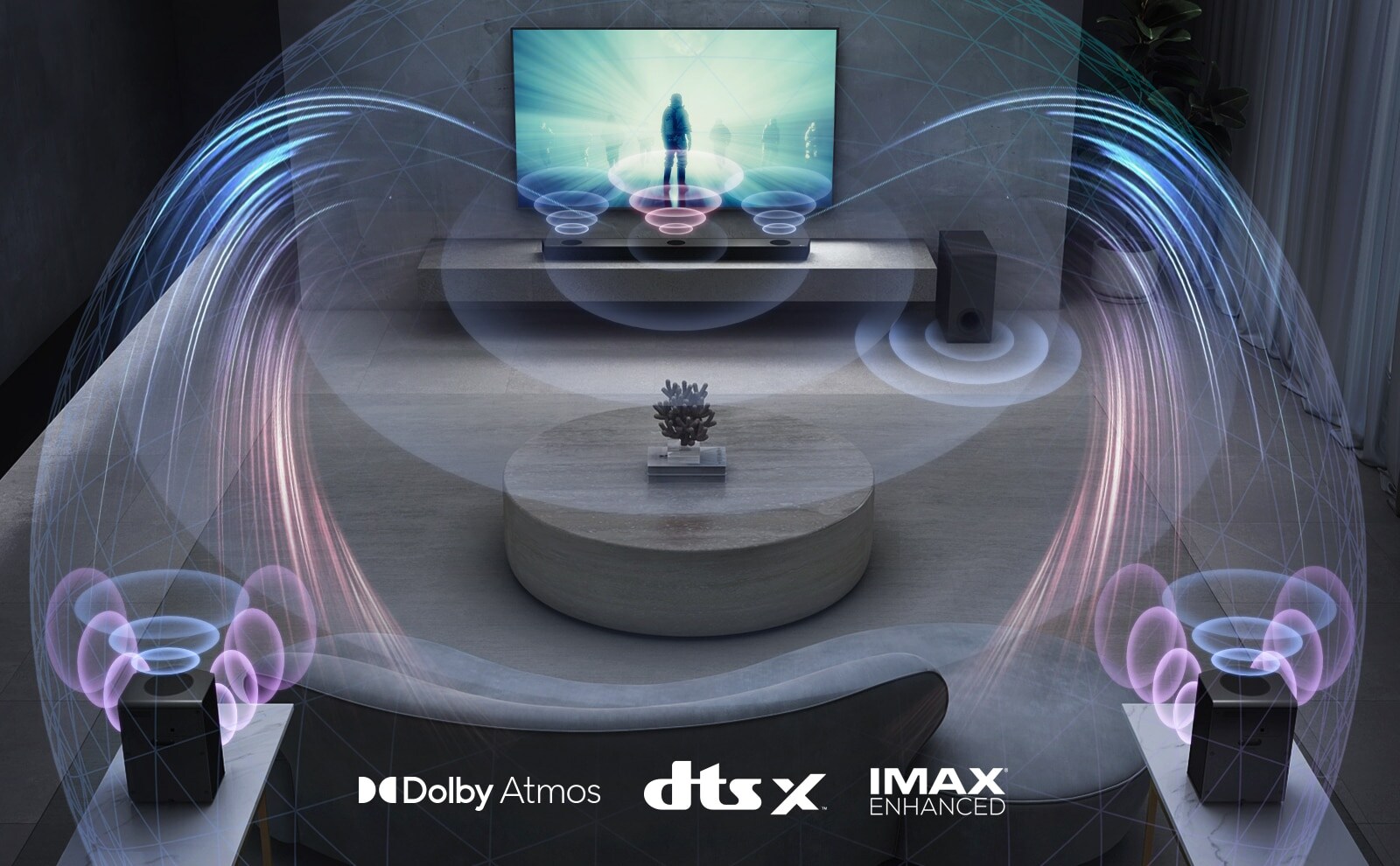 In the living room, LG TV is on the wall. A moive is playing on TV screen. LG Sound bar is right below TV on a grey shelf with a sub-woofer right next. A set of 2 rear speakers are on the back of the living room. Sound effect graphics are coming out from every speakers. Dolby Atmos and DTS:X, IMAX Enhanced logo shown on middle bottom of image.