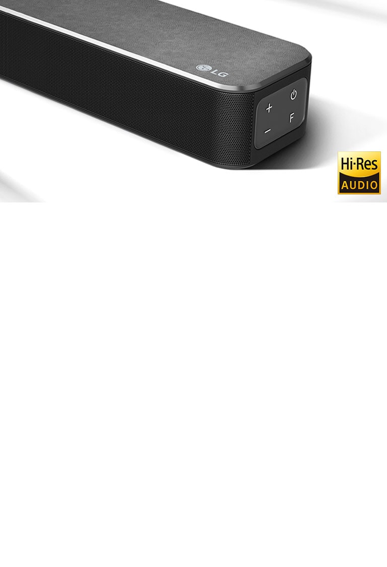 Close-up right side of LG Soundbar with LG logo shown on the bottom right corner. Hi-Res logo is shown below the product. 