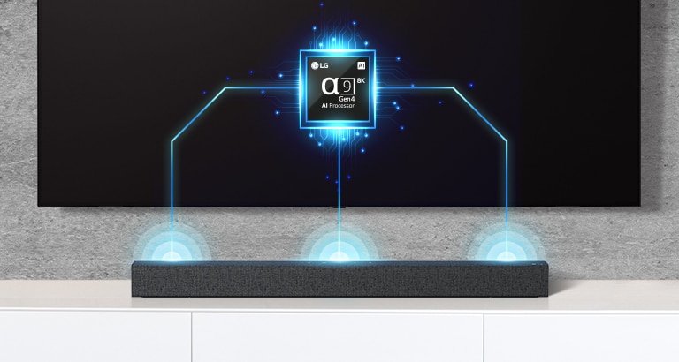 There is an alpha nine chip image on TV and there is a soundbar right below. There are also soundwave effect coming out from soundbar. 