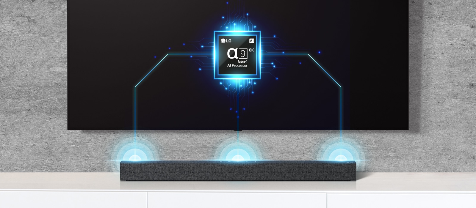 There is an alpha nine chip image on TV and there is a soundbar right below. There are also soundwave effect coming out from soundbar. 