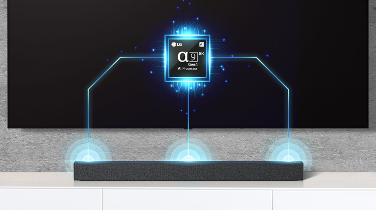 There is an alpha nine chip image on TV and there is a soundbar right below. There are also soundwave effect coming out from soundbar. 