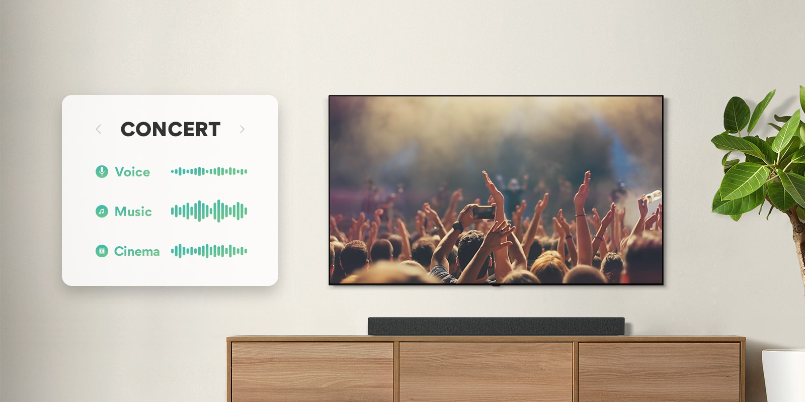 TV is on the wall. TV shows people clapping at the concert, the channel is switched to a movie scene with a driving car in a forest, and channel once again is switched to News and an anchor is speaking. LG Soundbar is right below TV on a beige shelf. (play the video)