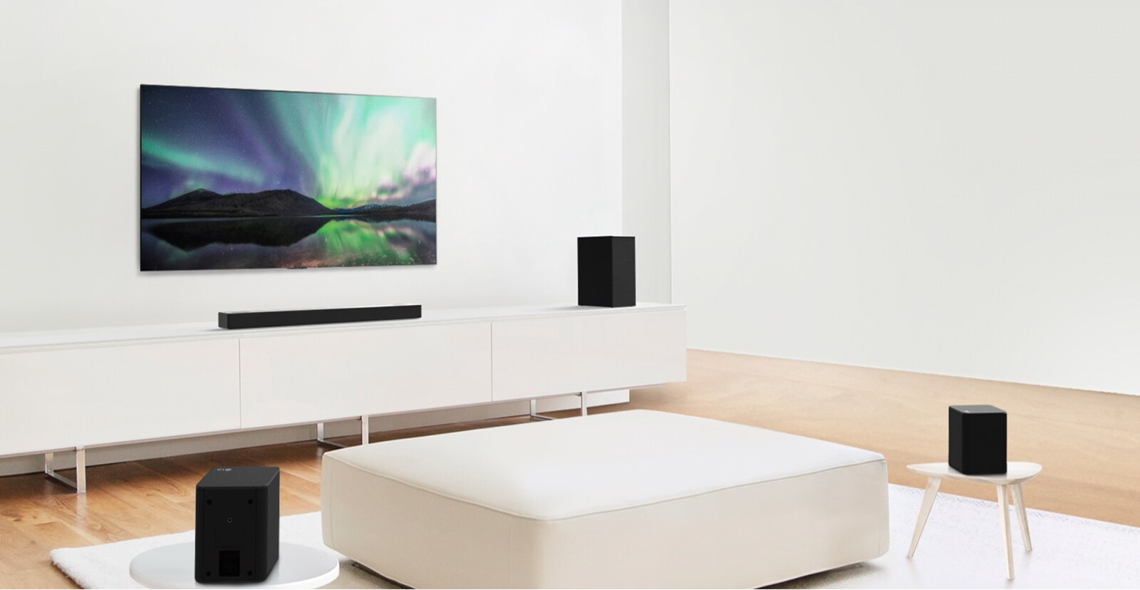Video preview showing LG Soundbar in a white living room with 5.1.2 channel setup. 