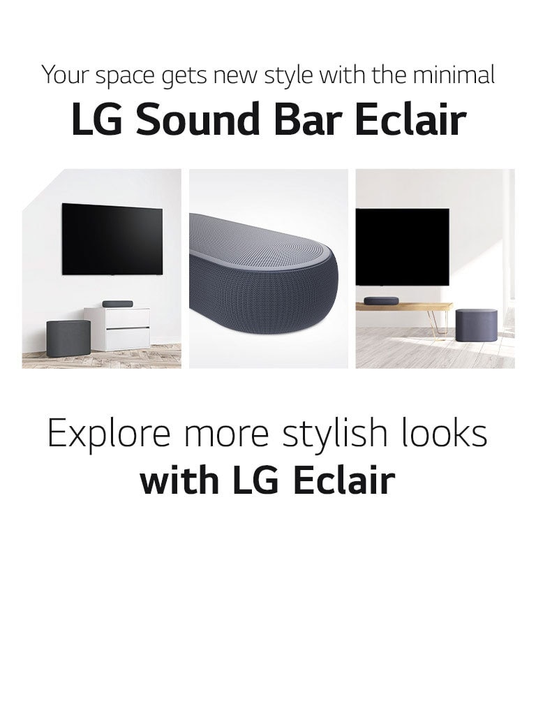 There is a collage of three images - soundbar and subwoofer in a white living room on the left side, close-up of a right side of soundbar in the middle, and soundbar and subwoofer placed on a wooden cabinet on the right side of a collage image.