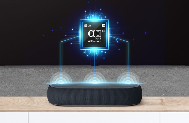 There is an alpha nine chip image on TV and there is a soundbar right below. There are also sound wave effect coming out from soundbar. 