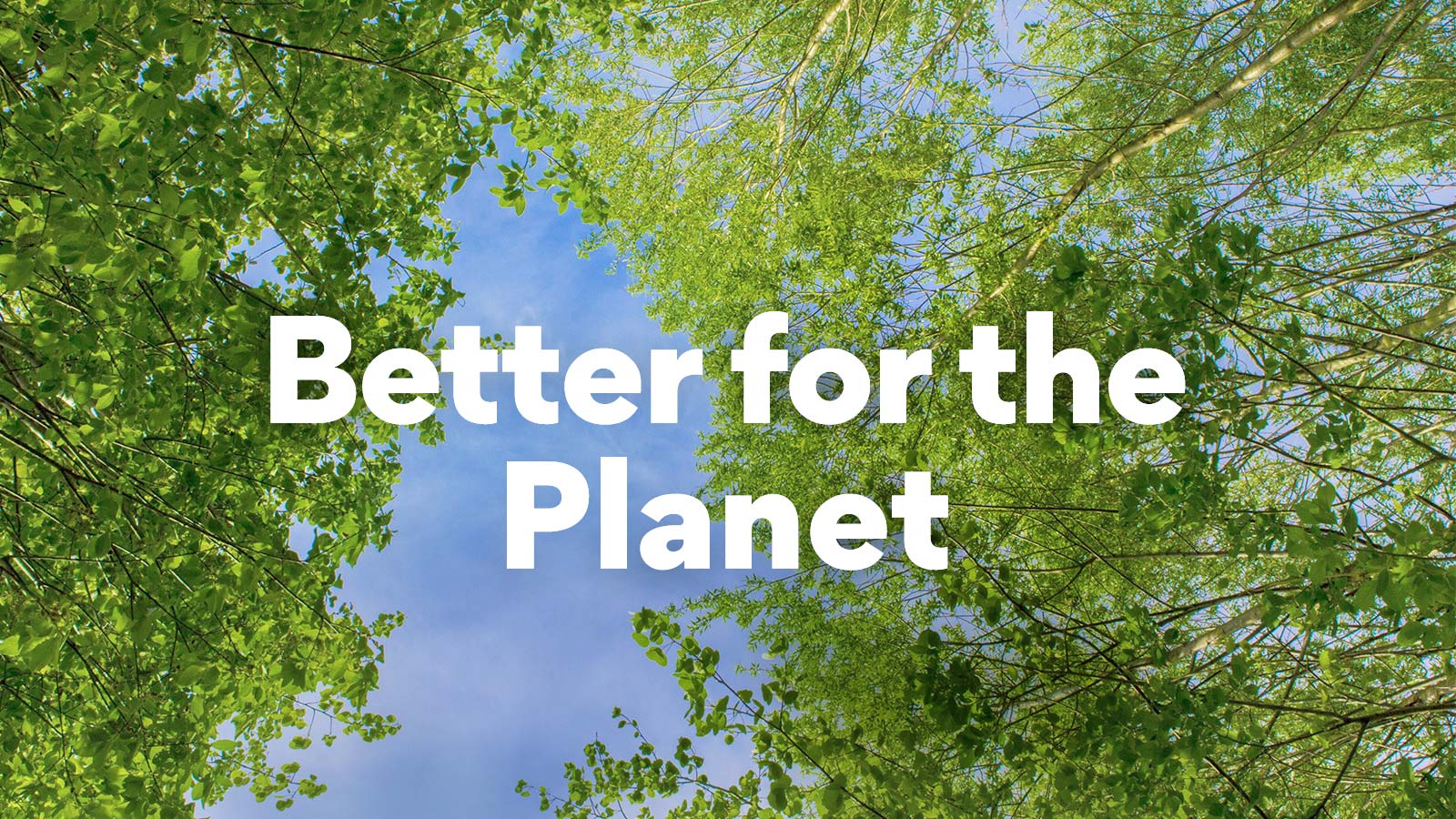 A green image full of rich leafy trees and a sky is showing in-between. The main copy says "better for the planet" in bold font size