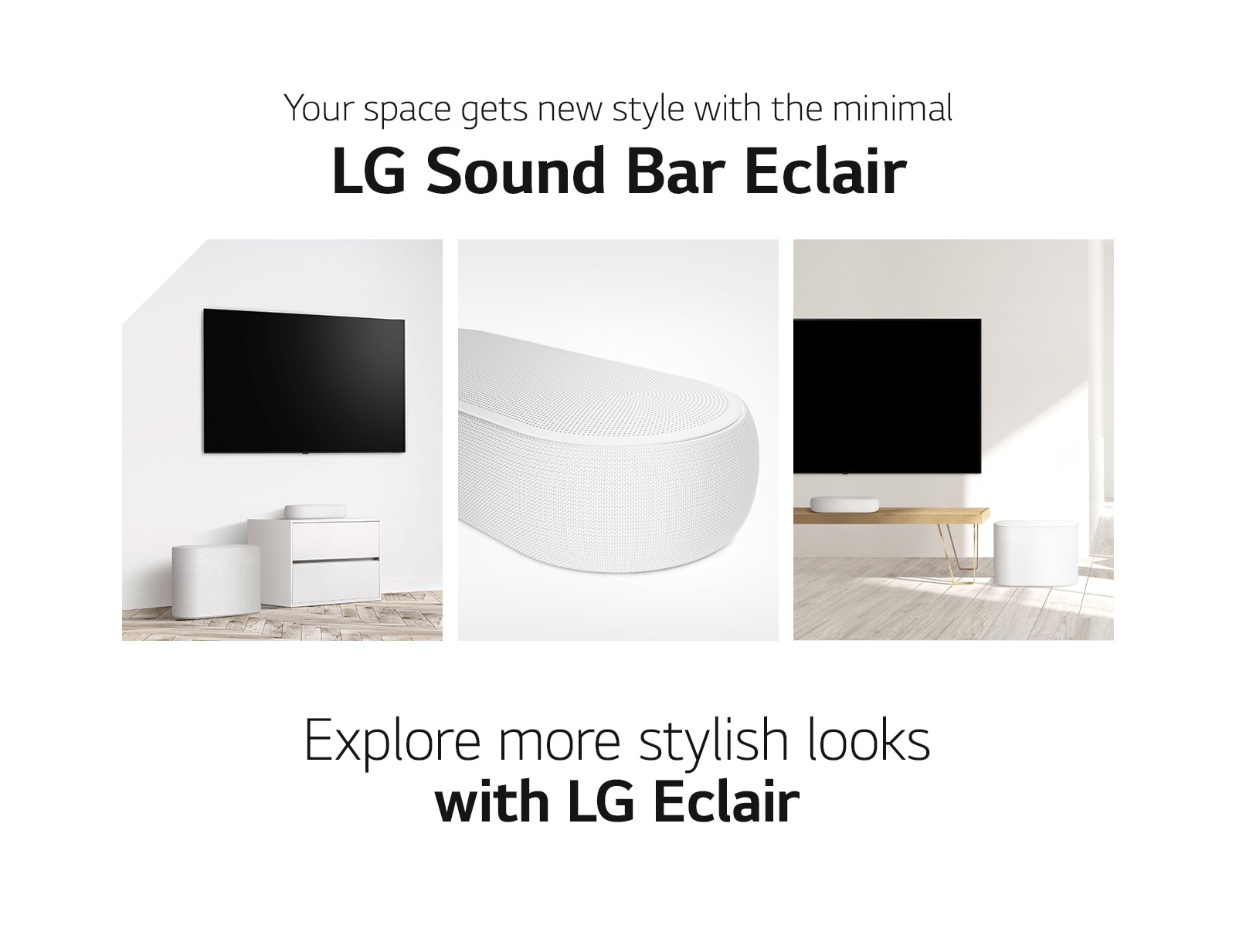 There is a collage of three images - soundbar and subwoofer in a white living room on the left side, close-up of a right side of soundbar in the middle, and soundbar and subwoofer placed on a wooden cabinet on the right side of a collage image.