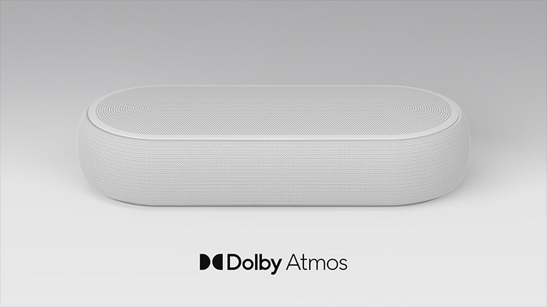 A compact soundbar placed on a white floor, then the sound units inside are shown - a vibrational sound wave effect coming out from a soundbar. The scene changes to show exterior of soundbar and the scene once again changes and a soundbar is placed in a cozy living room.The sound wave effect once again comes out from a soundbar.