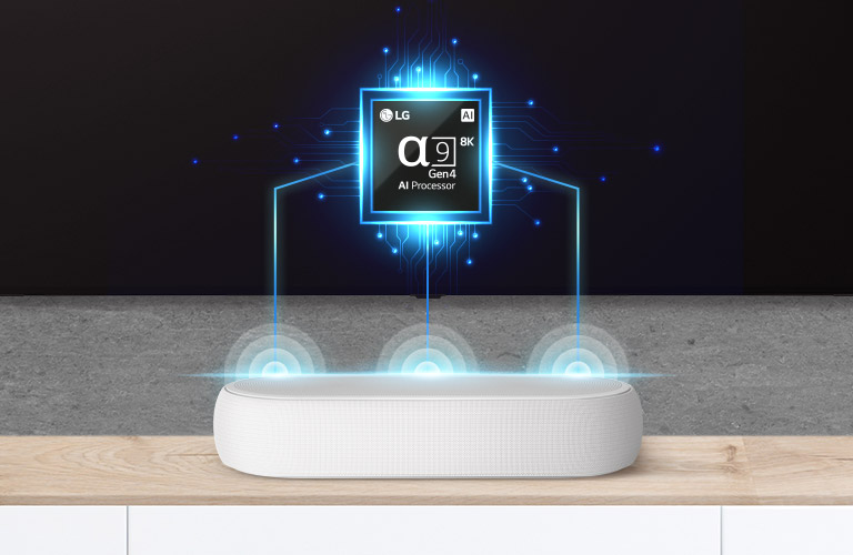 There is an alpha nine chip image on TV and there is a soundbar right below. There are also sound wave effect coming out from soundbar. 