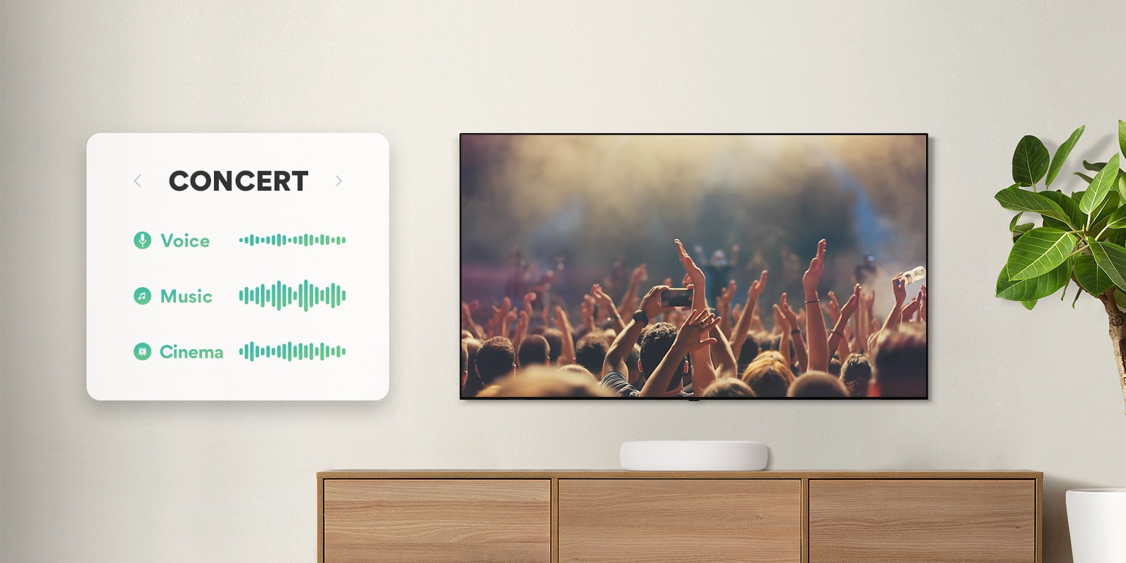 TV is on the wall. TV shows people clapping at the concert, the channel is switched to a movie scene with a driving car in a forest, and channel once again is switched to News and an anchor is speaking. LG Soundbar is right below TV on a wooden shelf.