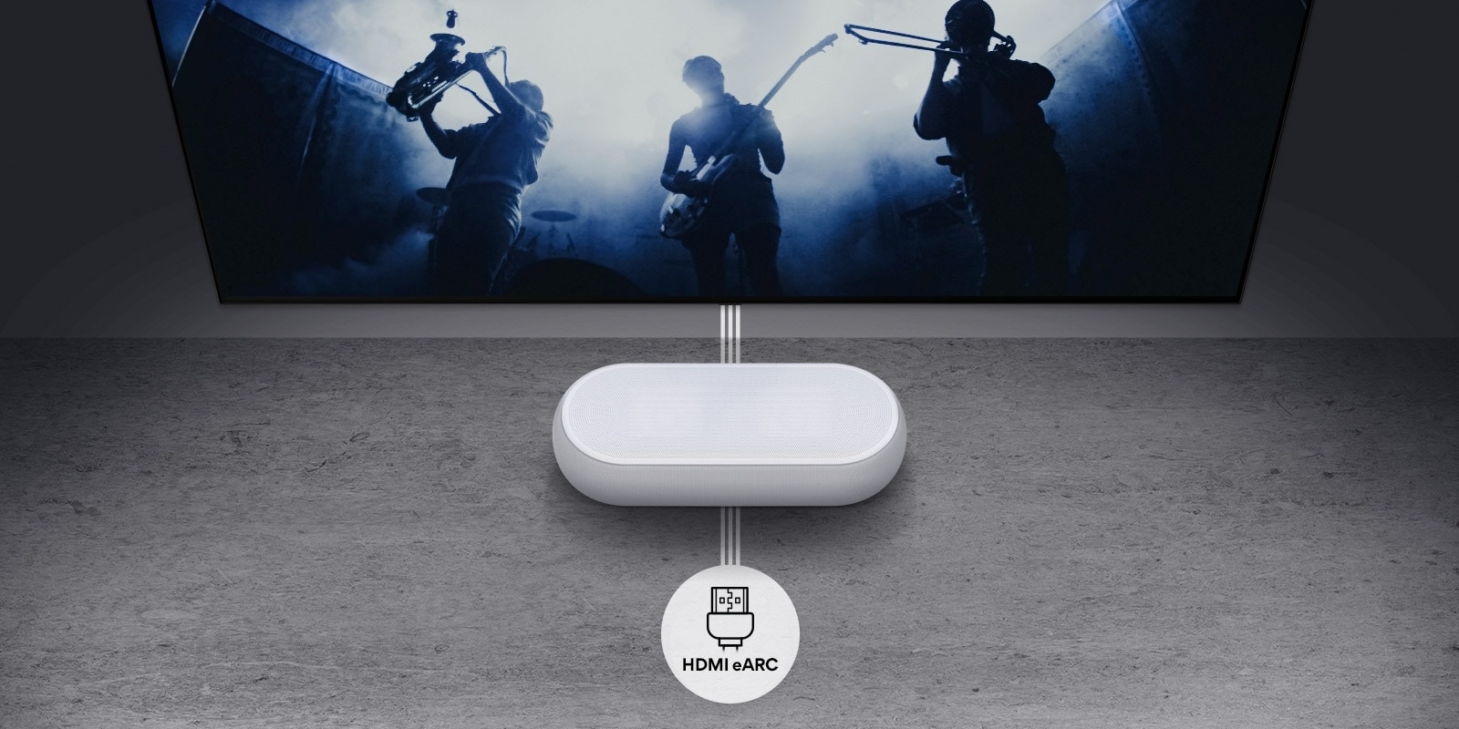 TV is on the wall. TV shows a group of band in black silhouette. LG Soundbar is right below TV on a gray shelf. There is a HDMI eARC icon below the soundbar.