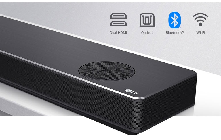 Close-up LG Soundbar right side with LG logo on the bottom right corner. Connectivity icons shown above the product. 
