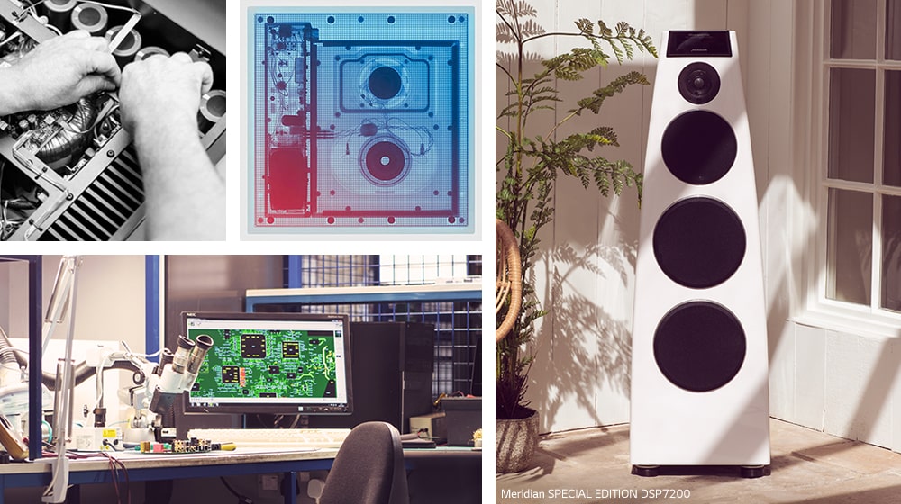 Collage. Clockwise from top-left: two images of Meridian internal hardware, a white Meridian speaker, and Meridian R&D desk  