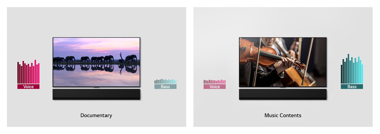 Two pictures side by side of wall-mounted TVs and soundbars. One TV shows elephants and one shows an orchestra. There are two graphs beside each TV.