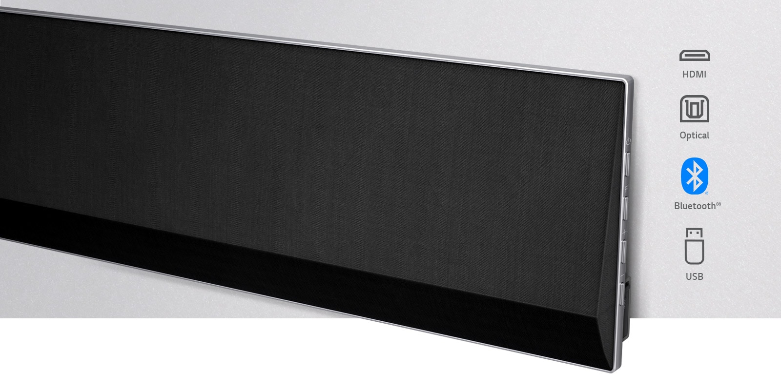 An angled close-up of the right side of LG Soundbar. Connectivity icons are shown on the right side of the product.