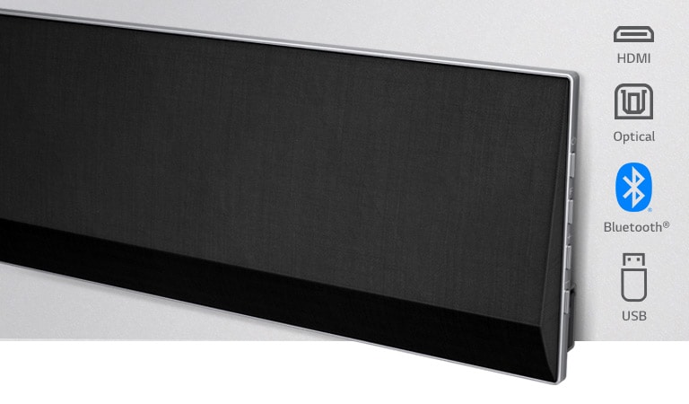 An angled close-up of the right side of LG Soundbar. Connectivity icons are shown on the right side of the product.