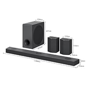 LG Soundbar S95QR | 9.1.5ch | 810W | Dolby Atmos, Diagonal view of sound bar, subwoofer, and rear speakers with size , S95QR, thumbnail 3