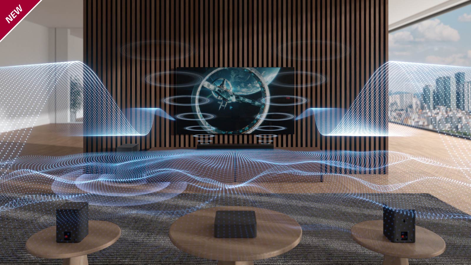 Variously figured blue-colored sound waves are being released from Sound Bar and TV. NEW mark is shown in the top left corner.