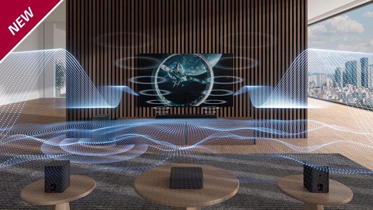 Variously figured blue-colored sound waves are being released from Sound Bar and TV. NEW mark is shown in the top left corner.