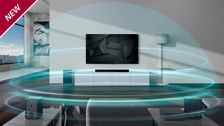 Blue dome-shaped, 3 layered sound wavers are covering Sound bar and TV in the living room. NEW mark is shown in the top left corner.