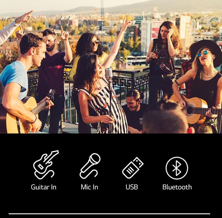 There are people enjoying acoustic concert with LG XBOOM XL5S. Below the image, there are guitar 