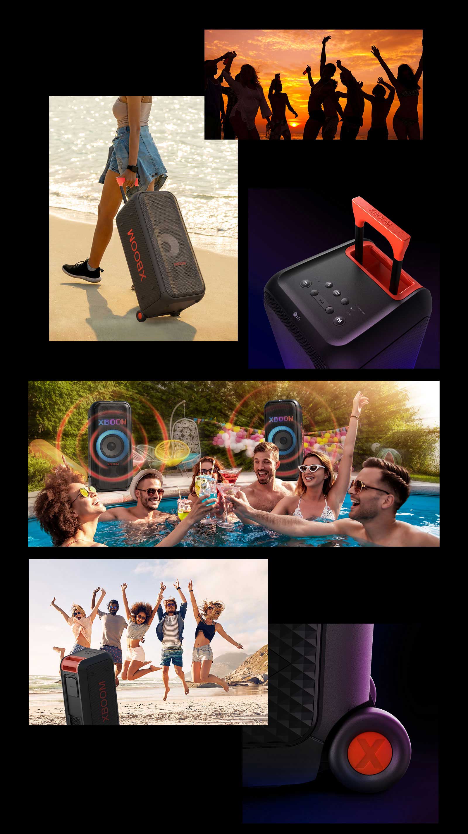 Illustrated images of LG XBOOM XL7S. From the top, shillouet of people, with the telescopic handle and wheels woman carrys the speaker easily. Top view of the speaker and telescopic handle. People are enjoying pool party, two LG XBOOM XL7S with sound graphics are placed behind. Back view of the speaker and people are juming on the beach, close-up of the wheel.