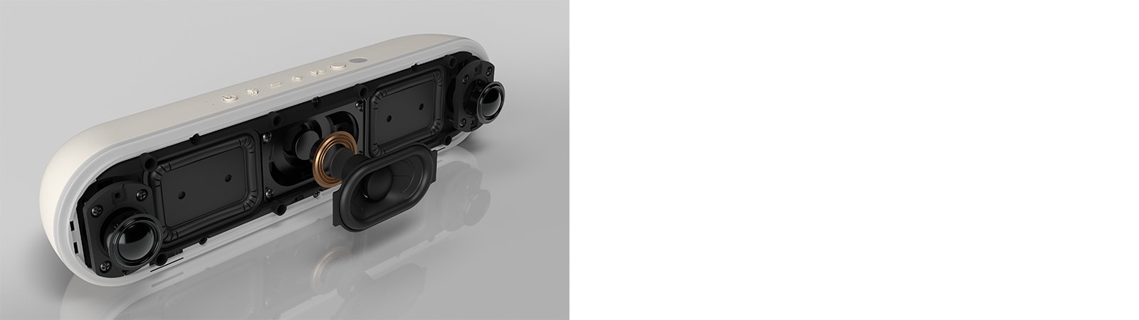The LG StanbyME speaker XT7S is placed on the reflective surface, showing its dual tweeters.