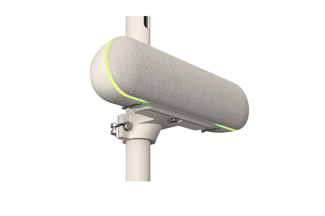 LG StanbyME Spaker XT7S with exclusive widgets, 16 hours playtime, Close-up of the speaker with the left side facing forward attached to LG StanbyME. The green mood lighting is on., XT7S, thumbnail 8