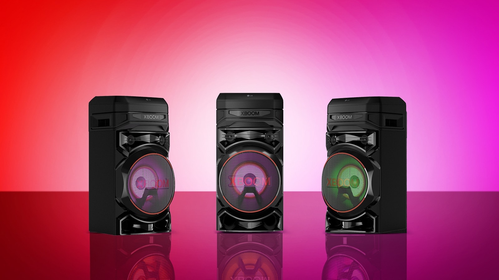 A video preview showing the different lighting of three LG XBOOMs.