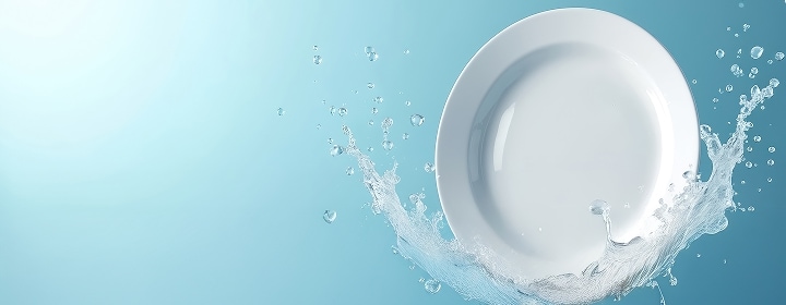 A white plate with splashing water to illustrate LG dishwashers' efficient cleaning using less water and energy