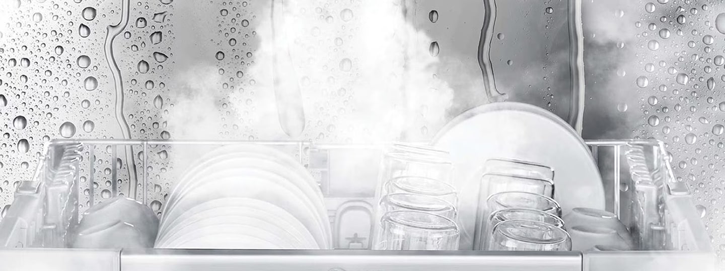 LG dishwasher interior showing plates and glasses cleaned with steam to illustrate efficient washing performance