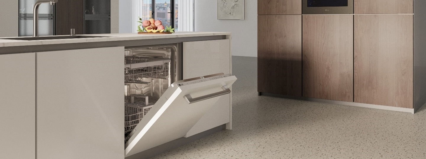 LG dishwasher in a modern kitchen with the door open to show energy efficient electricity use in everyday life