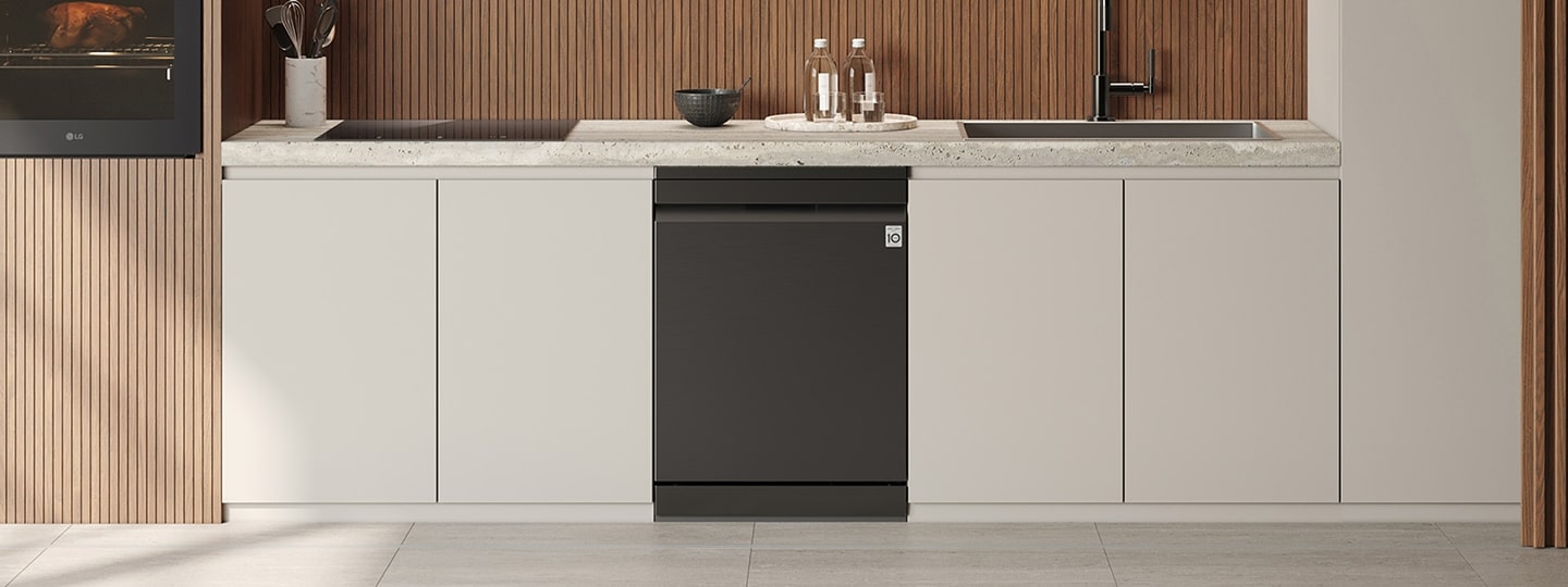 LG dishwasher integrated into a modern kitchen illustrating efficient dishwashing that helps reduce water and energy use
