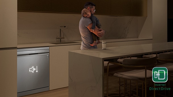 LG dishwasher with Inverter DirectDrive motor for energy efficient performance and quiet operation in a modern kitchen