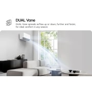 LG 18000 BTU DUALCOOL AI Air Single Split Air Conditioner, LG Dual Vane air conditioner shown in a living room. Cool air flows upward on the left. , DA18TCA, thumbnail 3