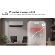 LG 18000 BTU DUALCOOL AI Air Single Split Air Conditioner, LG air conditioner with Proactive Energy Control feature. A smartphone shows an energy graph with a red alert, managing cooling and limits., DA24TCA, thumbnail 4