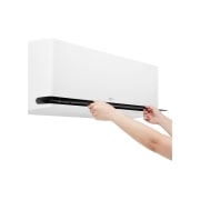 LG 18000 BTU DUALCOOL AI Air Single Split Air Conditioner, Hands opening the lower vane of an LG air conditioner for cleaning or maintenance, DA24TCA, thumbnail 12