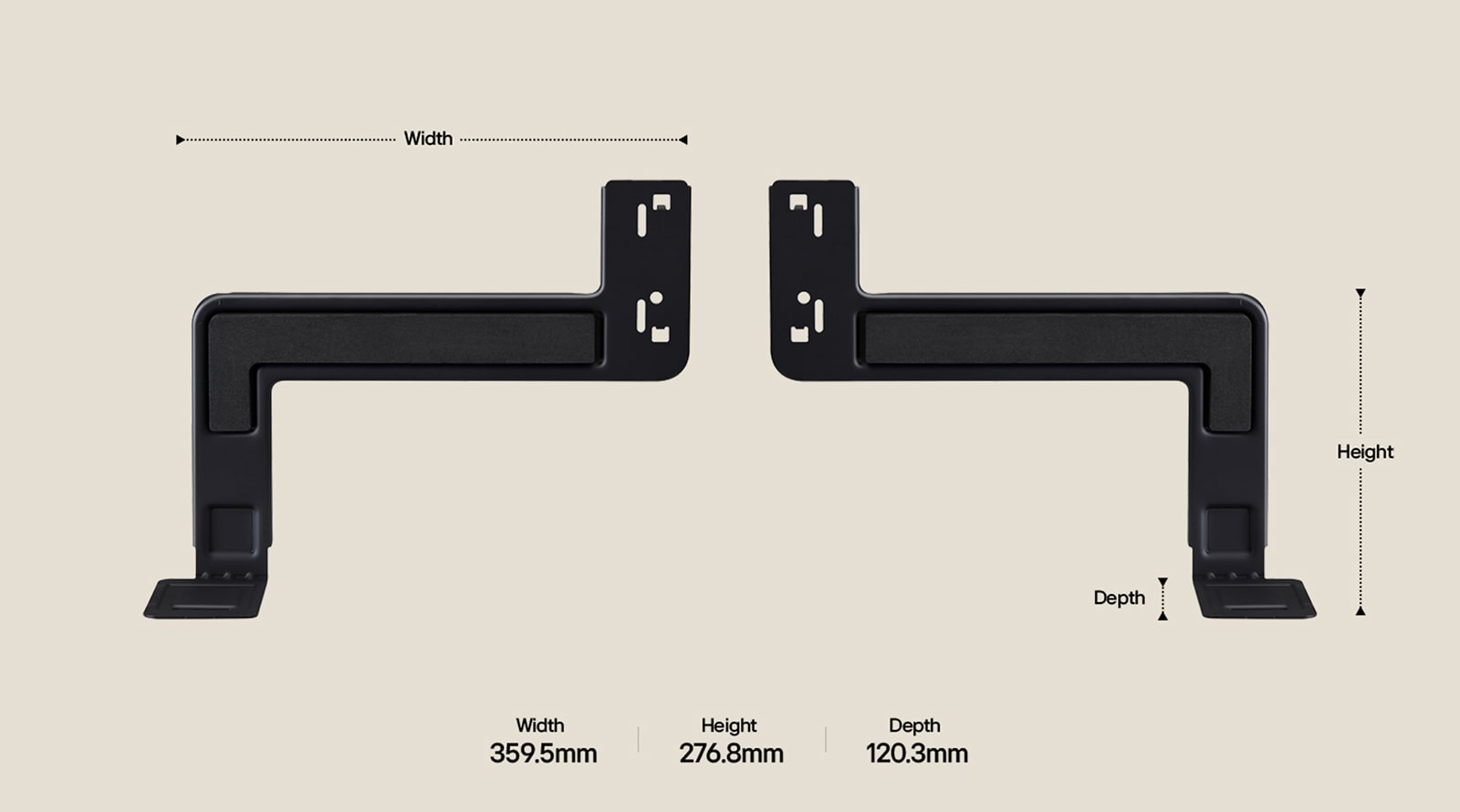 Two components of WOW Bracket set lengthways on a beige background. The width, height, and depth is labelled and displayed by arrows. At the bottom, the following specs: Width 359.5mm, Height 276.8mm, Depth 120.3mm.