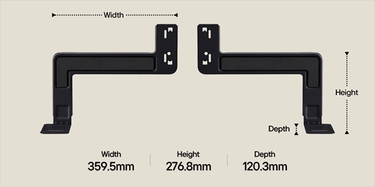 Two components of WOW Bracket set lengthways on a beige background. The width, height, and depth is labelled and displayed by arrows. At the bottom, the following specs: Width 359.5mm, Height 276.8mm, Depth 120.3mm.