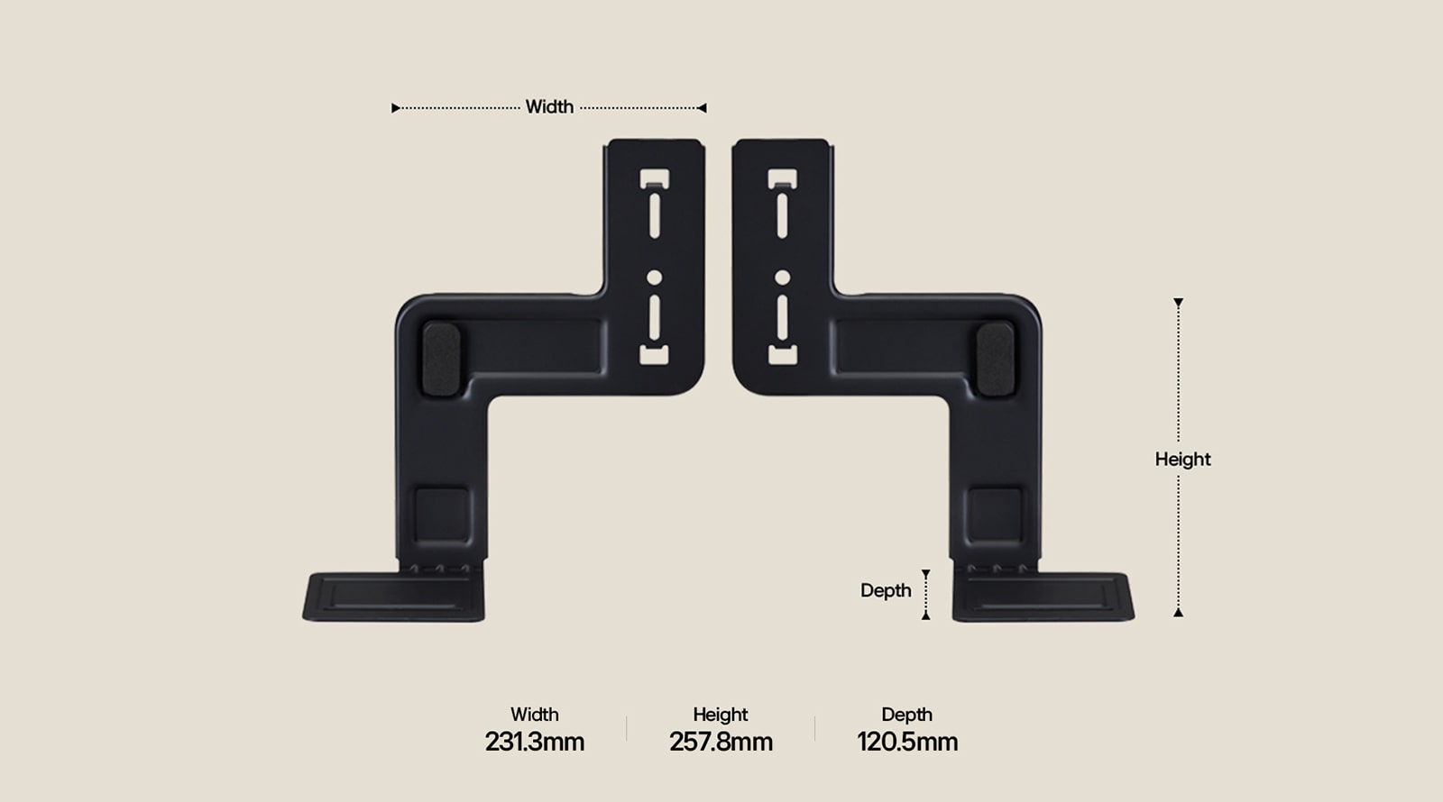 Two components of WOW Bracket set upright on a beige background. The width, height, and depth is labeled and displayed by arrows. At the bottom, the following specs: Width 231.3mm, Height 257.8mm, Depth 120.5mm.