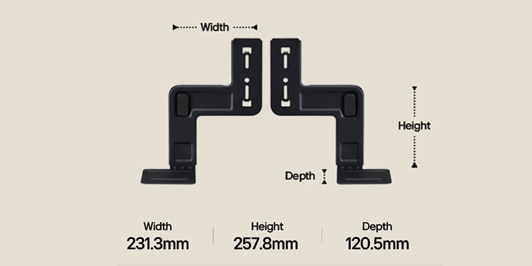 Two components of WOW Bracket set upright on a beige background. The width, height, and depth is labeled and displayed by arrows. At the bottom, the following specs: Width 231.3mm, Height 257.8mm, Depth 120.5mm.