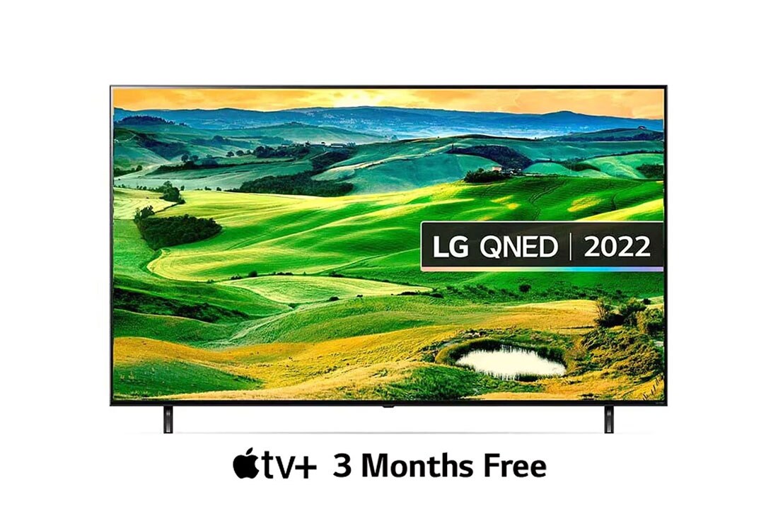 LG QNED 75 Inch TV, Magic remote, HDR, WebOS, 4K Active HDR Cinema Screen Design from QNED80 Series, A front view of the LG QNED TV with infill image and product logo on, 75QNED806QA